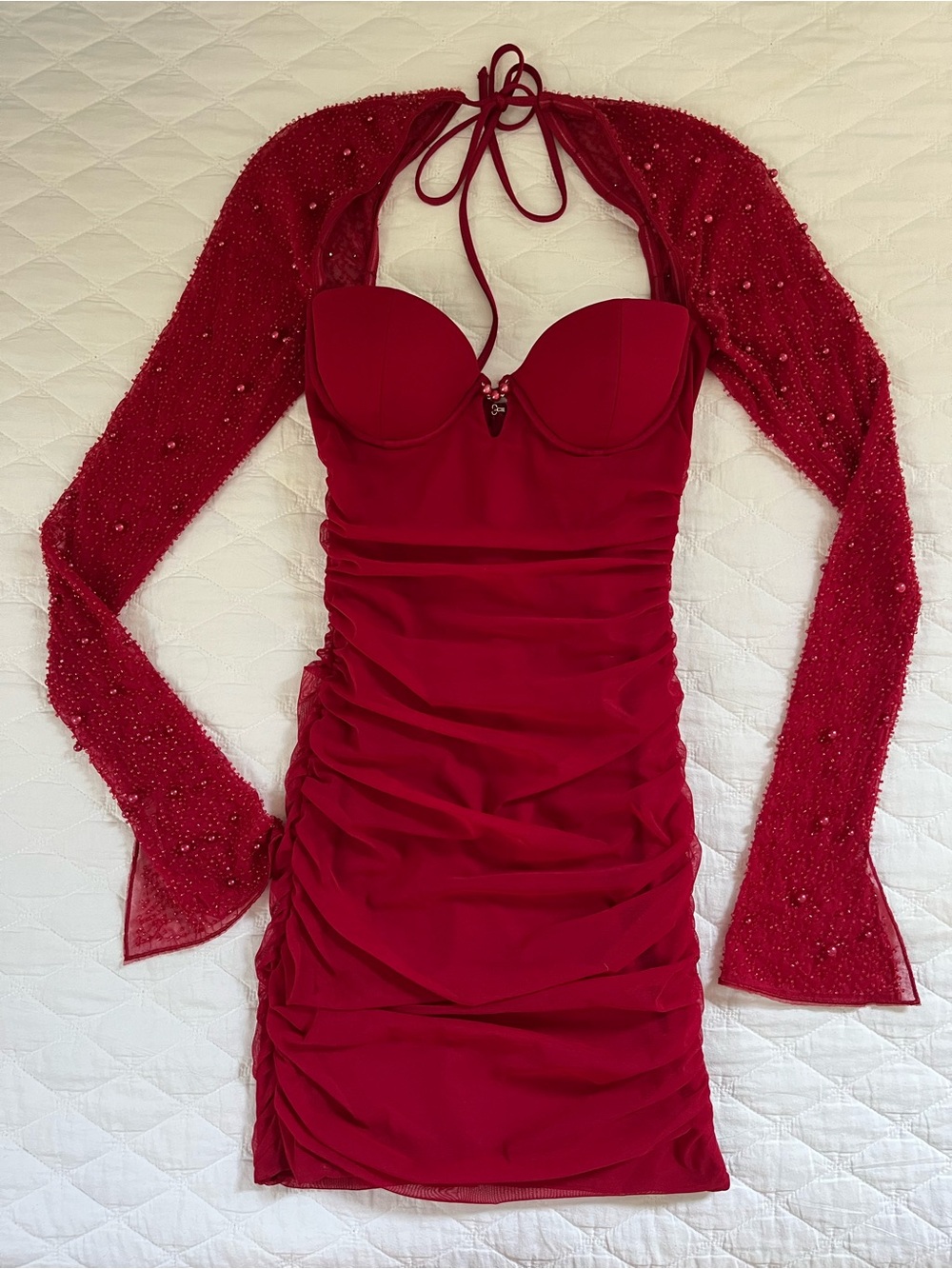 Red Bodycon Dress with Beaded Sleeves